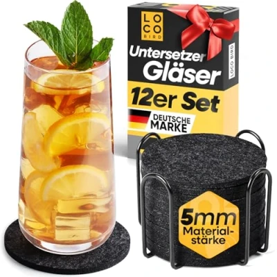 Immagine di Loco Bird Sottobicchieri In Feltro Tondo Per Bicchieri Set di 12 Incl. Box design Bevande Grigio Scuro Bevande, Tazze, Bar