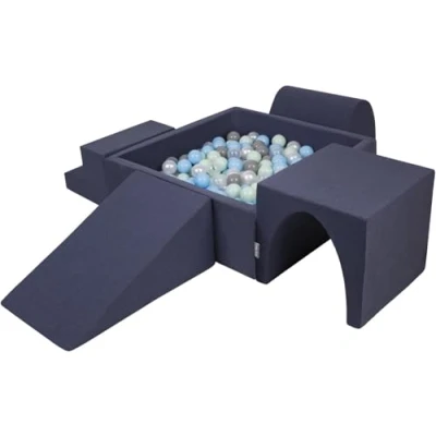 Immagine di KiddyMoon Area di Gioco in Schiuma con Quadrato Piscina Palline (300 Palline) per Bambini, Blu Scuro:Perla/Grigio/Trasparente/Azzurro/Menta