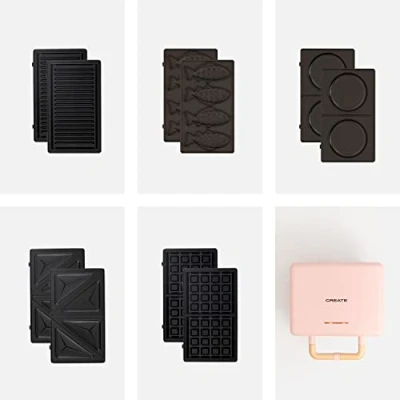 Immagine di CREATE/PACK STONE 3 IN 1 STUDIO + PIATTI/Tostapane grill e waffle a piastre intercambiabili rosa/senza BPA, 2 panini