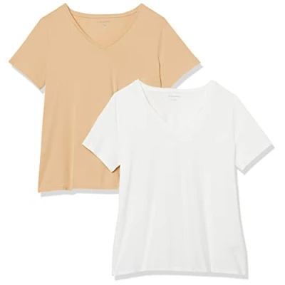 Immagine di Amazon Essentials T Shirt a Maniche Corte con Scollo V, Taglie Forti Donna, Pacco da 2, Bianco/Cammello Chiaro, 4XL Plus
