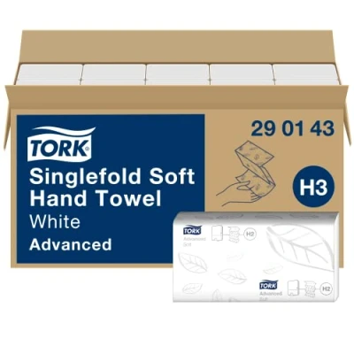 Immagine di Tork asciugamani di carta Singlefold 290143 H3 Advanced piegati per dispenser monodose, Assorbente, resistente agli strappi, 2 strati, bianco 15 x 250 Fogli