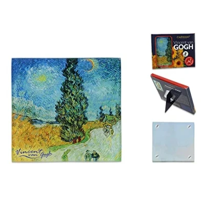 Immagine di CARMANI Sottobicchieri in vetro, tappetino resistente al calore stampato con Vincent Van Gogh, strada cipresso e stelle