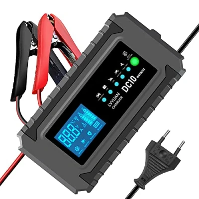 Immagine di Caricabatterie intelligente 12 V/24 V 10 A, caricatore batteria mantenimento e riparazione automatica funzione portatile con display LCD, per auto moto camion AGM, gel, Wet, SLA(8 100 AH) (nero)