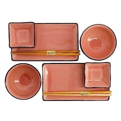 Immagine di TOKYO design studio, grigio, set di 2 piatti + ciotole salsa riso bacchette, 8 pezzi, gres visite Store (rosa)