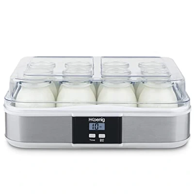 Immagine di H.Koenig Yogurtiera 12 vasetti ELY120, Capacità x 160 ml, Programmabile, Display LCD, Corpo in acciaio inox, Senza BPA, Lavabile lavastoviglie, Spegnimento automatico, Potenza 21,5 W