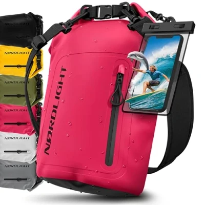Immagine di Nordlight Dry Bag Sacca Impermeabile + Custodia per Cellulare Chiusura Arrotolabile, Tracolla Zaino Stagna Borsa Spiaggia, Canoa, SUP, Immersioni Rosa, 20 Litri
