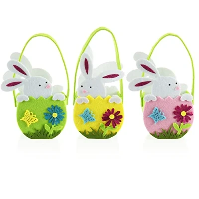 Immagine di com four® 3X Cesto Pasquale in Feltro con Coniglietto di Pasqua Borsetta da riempire e per Regalare (03 cestini Coniglio Bianco)