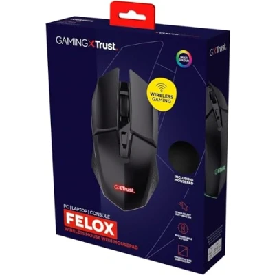 Immagine di Trust Gaming GXT 112 Felox Mouse Wireless Ricaricabile con Tappetino 24.5 x 21 cm, 80 Ore di Autonomia, 800 4800 DPI, 6 Pulsanti, Senza Fili RGB per Computer, Laptop, Windows Nero