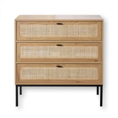 Immagine di Cassettiera a 3 cassetti Effetto Legno con impagliatura in Rattan L80 cm Jaya