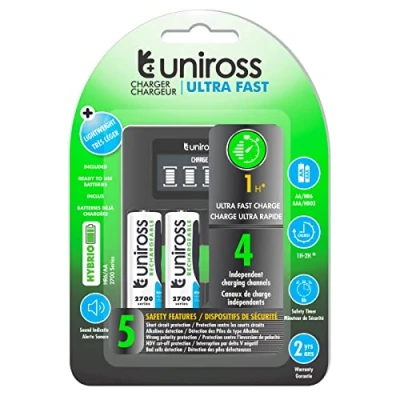 Immagine di Uniross Caricabatterie Ultra Fast AA/HR6 AAA/HR03 + 4 Batterie Ricaricabili AA 1,2v 2500mAh