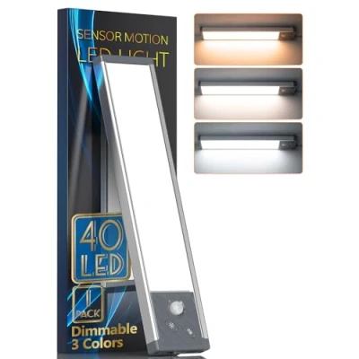 Immagine di HIBOITEC Luce per Armadio 40LED,22.5cm Led Con Sensore di Movimento,3 Colore 3 Modalità 1500mAh USB Ricaricabile Luci Armadio/Scala/Cucina/Seminterrato/Bagno/Corridoio/Garage