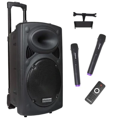 Immagine di DYNASONIC DYNAPRO 15 PLUS (3a generazione) altoparlante Bluetooth portatile professionale, potente da 800 W, 2 microfoni karaoke e supporto per tablet