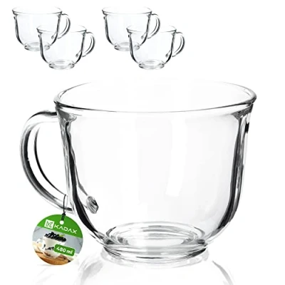 Immagine di KADAX bicchieri da tè con manico, 480 ml, in vetro, lavabili lavastoviglie, per bevande calde e fredde, tazze caffè, succo, vetro (480 ml/4 pezzi)