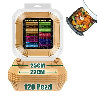 Immagine di Carta Forno per Friggitrice Ad Aria Quadrati, 120 Pezzi 25cm Aria, da Resistente All&#039;acqua e All&#039;olio