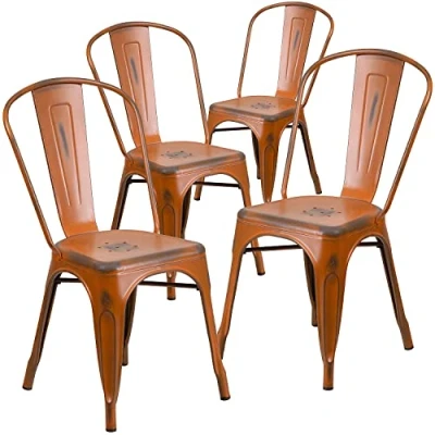 Immagine di Flash Furniture Blake Commercial Grade Sedia impilabile per interni ed esterni in metallo arancione invecchiato, confezione da 4