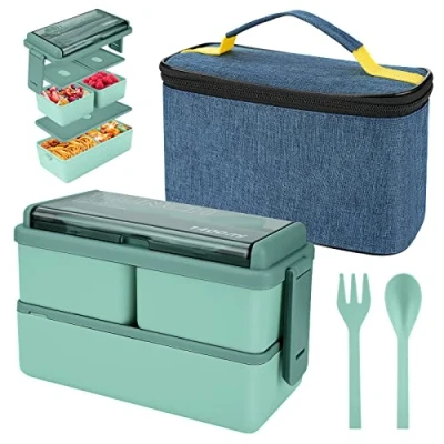 Immagine di yirochan Box da pranzo 1400 ml con 3 scomparti scatola bent a 2 strati borsa isolata e posate, per contenitori la preparazione dei pasti adulti bambini studenti (Verde)