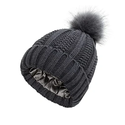 Immagine di TOEECY Berretto Invernale da Donna Cappello Beanie Caldo con Pom Pelliccia Faux Morbido Berretti in Maglia Raso Foderato Cappellino Slouchy ed Moda per Proteggere l&#039;Acconciatura (Grigio Scuro)
