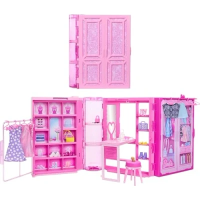 Immagine di Barbie Dream Closet giocattolo e contenitore con vestiti accessori, larghezza 90 cm, oltre 25 pezzi, include 4 look alla moda completi