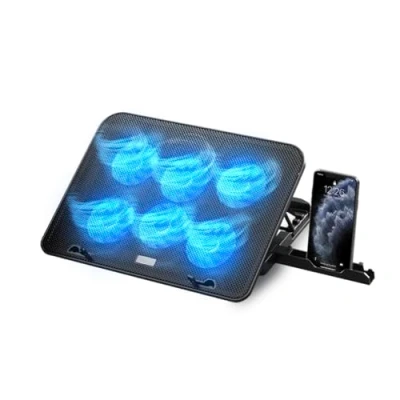 Immagine di NK Base di raffreddamento per laptop Ventilatore computer portatile con 5 supporti regolabili in altezza, 6 ventole silenziose, 2 porte USB, rapido, luce LED blu Colore nero