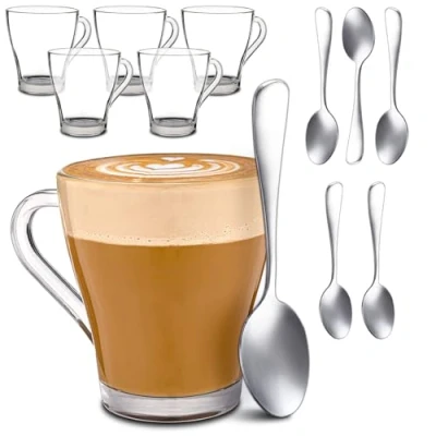 Immagine di Cosumy 6 Tazze da Cappuccino in Vetro con Cucchiaini 250ml Mantengono il Calore Lavabili Lavastoviglie adatto alle Microonde Temprato Tazza Caffe