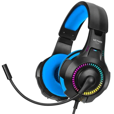 Immagine di NITHO NX200 Cuffie Gaming per PS4/PS5/Switch/Xbox One/Xbox Series XS/PC/Mobile/Tablet, Microfono Cardioide Pieghevole, Effetto Luce RGB, Jack Audio 3.5 mm Blu