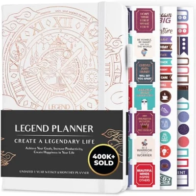 Immagine di Legend Planner Agenda settimanale e mensile senza date, per raggiungere i tuoi obiettivi vivere più felice, taccuino organizer, diario di produttività, donne uomini