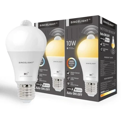 Immagine di SINCELIGHT Sensore di Movimento PIR Lampadina LED con Attacco Edison E27, Rileva il Umano, Accensione/Spegnimento Automatico al Buio, Sicurezza 10W GLS, Confezione da 2
