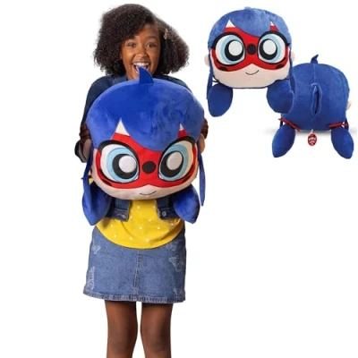 Immagine di Miraculous Ladybug Huggie Hideaway Ladybug, cuscino di peluche nero da 40 cm, super carino per bambini con grande tasca segreta cerniera sul retro (Wyncor)