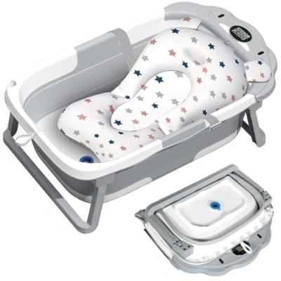Immagine di ITMNMNL Vaschetta Bagnetto Neonato Pieghevole,Vasca Bagnetto,Bagnetto Neonato,Vasca per Bambini Portatile Multiuso con Tappetino Antiscivolo e Foro di Scarico,Visualizzazione del Termometro