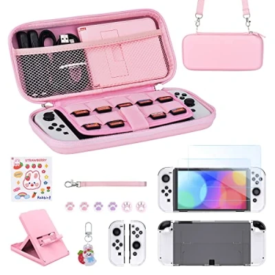 Immagine di Younik Pacchetto Accessori Switch OLED, kit OLED rosa 17 in 1 per Ragazze Include Custodia Switch, Supporto Regolabile, Protettiva Console e J Con (Rosa Brillante)