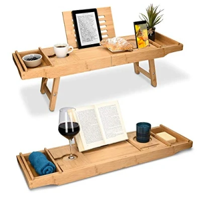 Immagine di Navaris Vassoio Vasca Colazione Letto Mensola da Bagno in bambù Allungabile 75cm 108cm con Leggìo Integrato Vani Laterali Legno