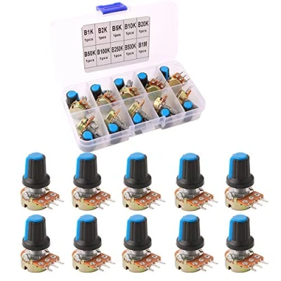 Immagine di FULARR® 10Pcs Premium Lineare Cono Rotativo Potenziometro, Regolabile 3 Terminale B Tipo Rotante Potenziometro con Pomello Berretto, per Arduino (B1K～B1M Ohm)