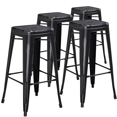 Immagine di Flash Furniture Sgabelli da bar, set 4 unità, qualità professionale, senza schienale, stile invecchiato, in ferro, per ambienti interni ed esterni, nero, 76,2 cm di altezza