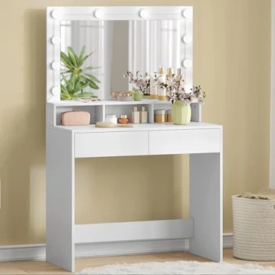 Immagine di EUGAD Toeletta da Trucco con Luci LED, Luminosità Regolabile, Postazione Grande Specchiera, 3 Scomparti a Giorno, 2 Cassetti e 1 Ripiano, in Truciolare, Bianco