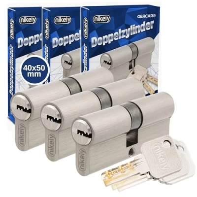 Immagine di GERCAR Pro Cilindro profilato 40/50 massiccio con chiusura simultanea, set da 3 cilindri a doppio cilindro, in ottone opaco, 10 chiavi, chiave reversibile, lunghezza: 90 mm, A:40, larghezza: