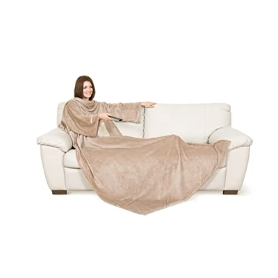 Immagine di Coperta con le maniche GRIGIO, soffice plaid per divano e relax in Microfibra, tasca centrale, Singolo, 180x140cm, idea regalo.