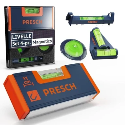 Immagine di Presch Mini Livelle Set 4 pezzi livella, livella a T, circolare e corda completo Magnete rinforzato per massima aderenza Vetro acrilico infrangibile