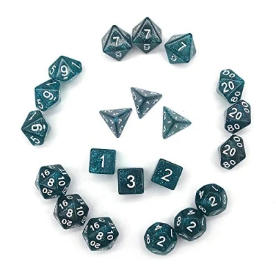 Immagine di Fasizi set di dadi poliedrici glitterati per giochi da tavolo, 3 x 7 (21 pezzi) serie D20 D12 D10 D8 D6 D4 DND RPG MTG doppi colori un pezzo (blu)
