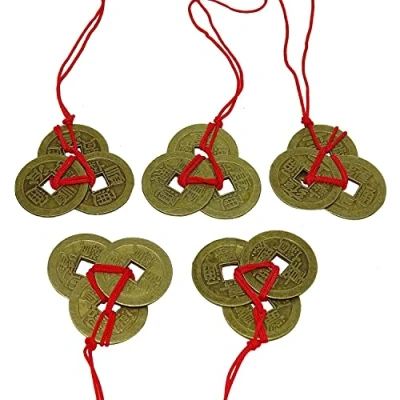 Immagine di Monete Cinesi di Feng Shui,I Ching Antiche 1 Pollice 5 Set Magia Fortuna con Corde Rosse per Ricchezza e Buona
