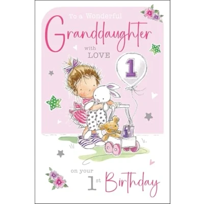 Immagine di Jonny Javelin biglietto di auguri per il 1 compleanno della nipotina, compleanno, con disegno bambina e orsacchiotto, dettagli laminati sfarfallio,