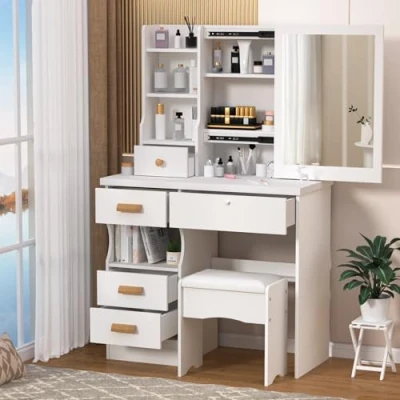Immagine di mufojyez Set da scrivania per trucco con grande specchio scorrevole, tavolo toeletta sgabello, contenitore, camera letto, 5 cassetti