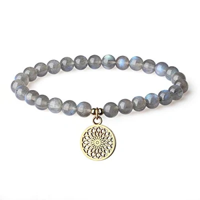 Immagine di COAI Bracciale Fiore della Vita con Perle in Labradorite, da Donna Elastico Pietre Naturali Amuleto Acciaio Inox