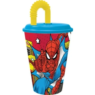Immagine di Marvel Bicchiere azzurro e giallo per bambini in plastica Spiderman Uomo Ragno 430 ml con cannuccia coperchio flessibile