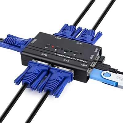 Immagine di KVM Switch, USB e VGA Commutatore con 4 Cavi KVM, per PC Monitor Tastiera Mouse Scanner Stampante