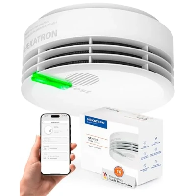Immagine di Hekatron Genius Plus Edition Rilevatore di Fumo con Batterie Integrate e Cuscinetti Adesivi Inclusi Bianco