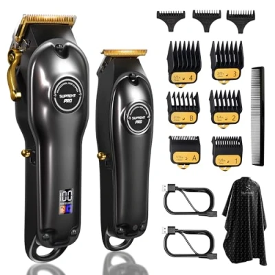 Immagine di SUPRENT® tagliacapelli professionale da uomo, kit di taglio capelli e a lama T Zero Gap, set trimmer per barbiere senza fili con display LED (Nero)