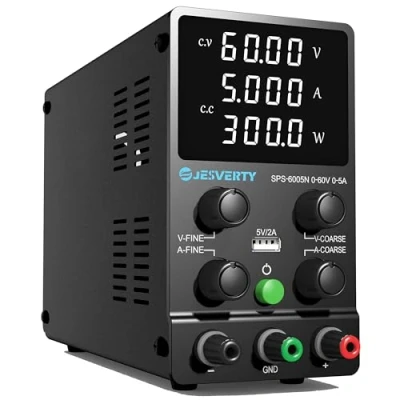 Immagine di alimentatore da laboratorio (0 60V, 0 5A) DC regolabile, display LED a 4 cifre, con porta di ricarica USB, switching, regolazioni grossolane e fini Jesverty SPS 6005N
