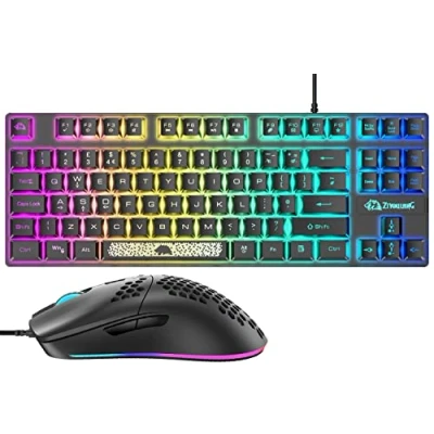 Immagine di UK Layout 80% Tastiera e Mouse da gioco, cablata RGB Mechanical Weyboard Keyboard + 6400 gioco DPI regolabile, tappo chiave illuminante, per PS4, PS5, XBOX, PC (Nero)