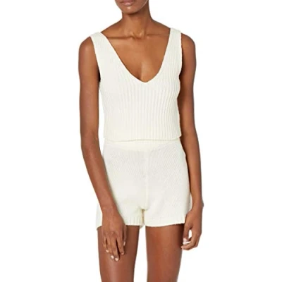 Immagine di The Drop Sylvie, Canotta Corta in Maglia a Costine con Doppio Scollo V da Donna, Bianco Whisper, S
