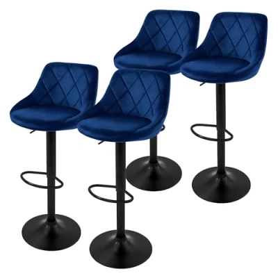 Immagine di ML Design Set di 4 Sgabelli da Bar Rivestimento in Velluto Blu Sgabello Bancone Regolabile Altezza 62 82 cm Girevole a 360 Sedie Alte Sedia Bistrot con Schienale e Poggiapiedi